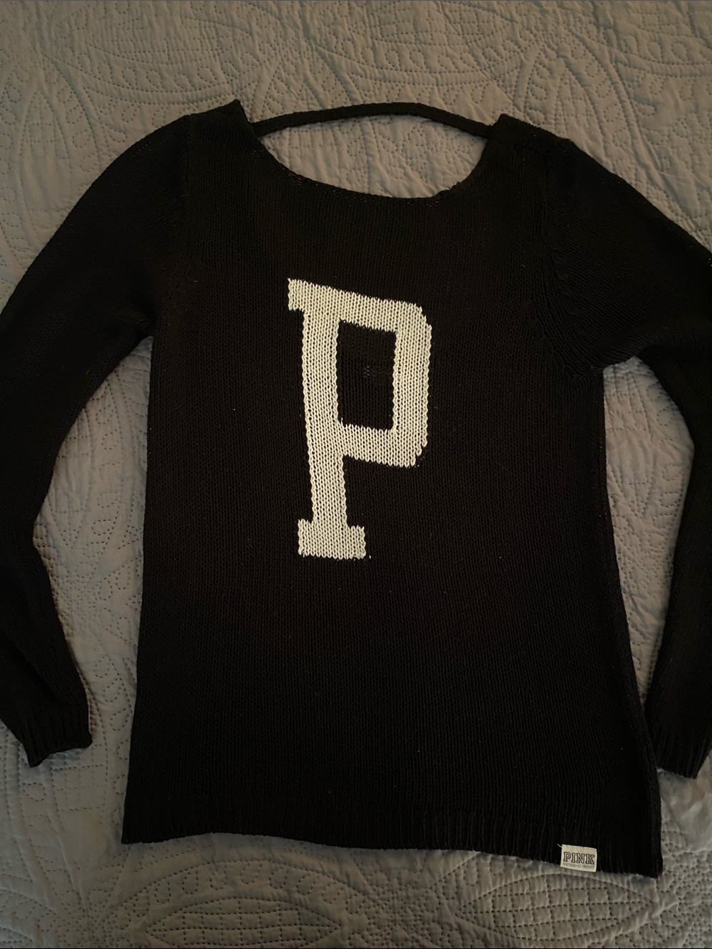 Victoria's Secret PINK Black Open-Back Varsity Letter "P" Knit Sweater